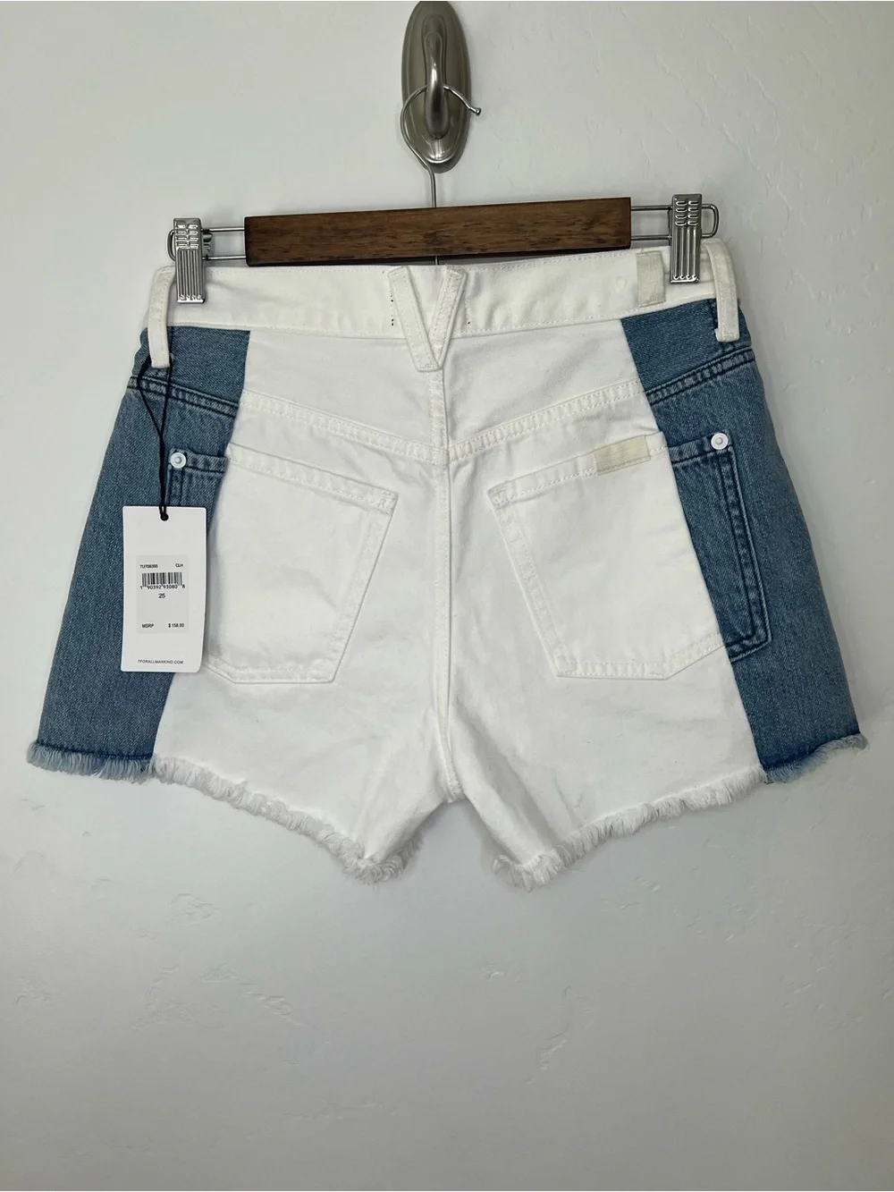 7 For All Mankind The Monroe White Denim Shorts with Blue Denim Side Panels